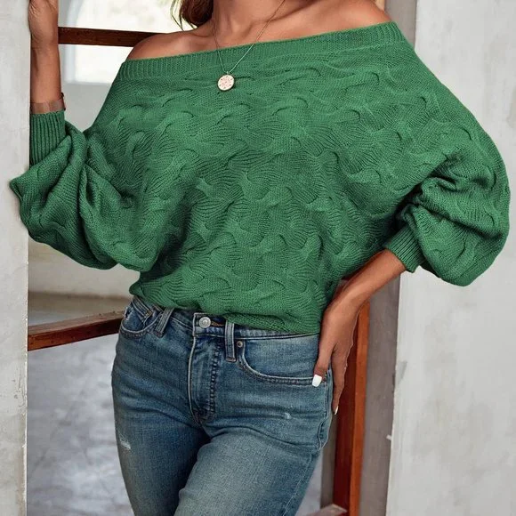 New Off Shoulder Batwing Sleeve Textured Sweater Green - Picture 6 of 7